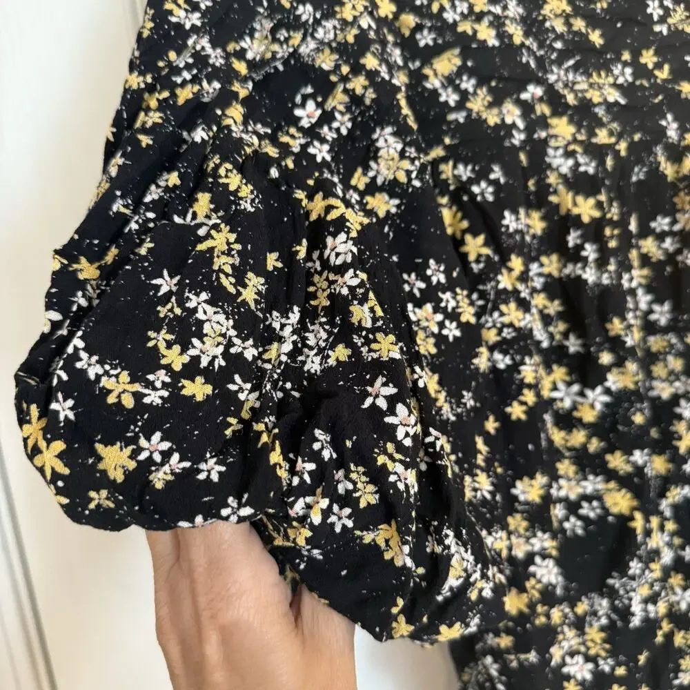 Free People Dessa Bodysuit Sz Small Black Ditsy Floral Puff Sleeve Mesh Tie Back